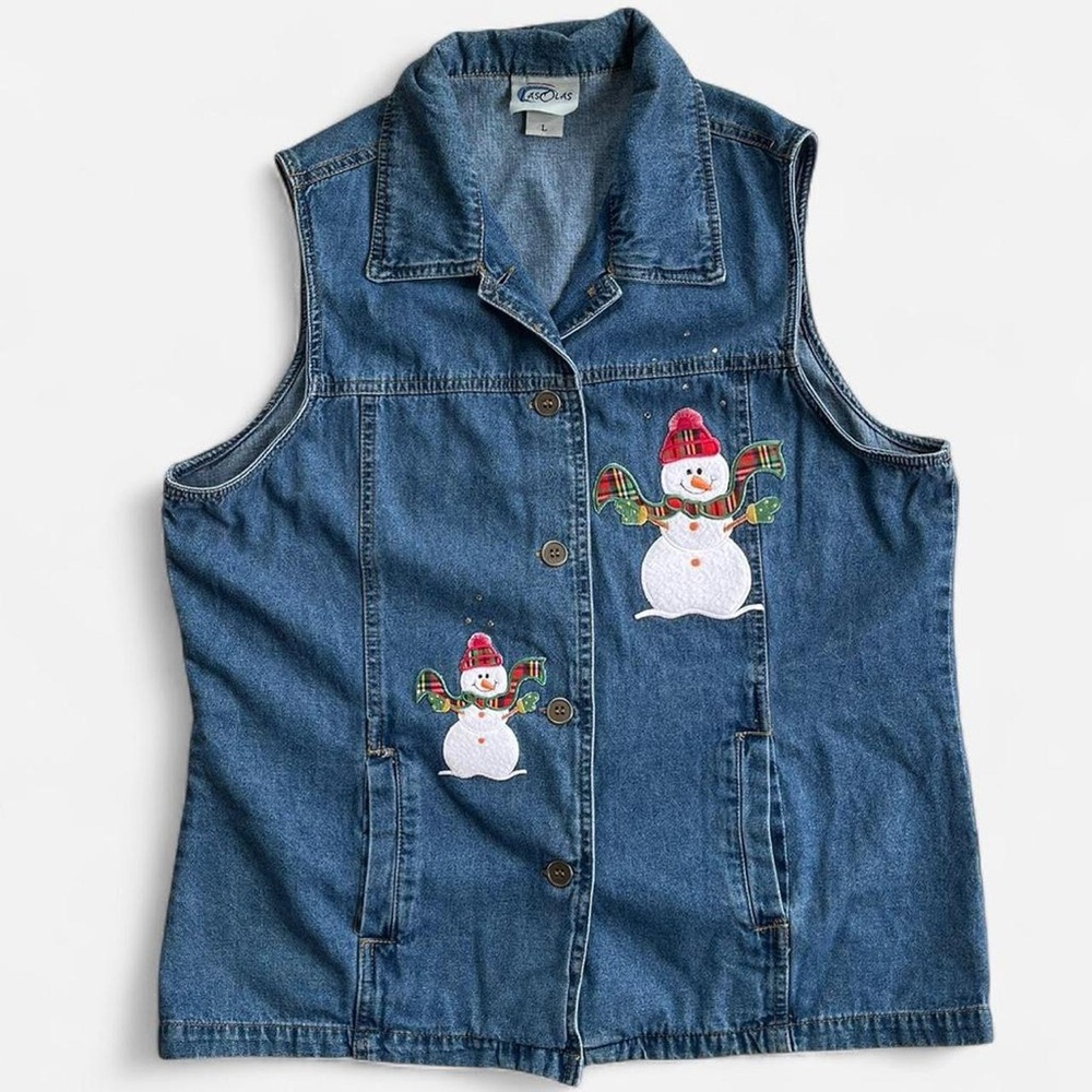 Vintage Las Olas Embroidered Christmas Snowman Denim Vest Sleeveless Top